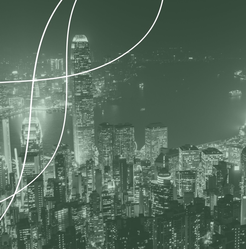 Aerial night view of Hong Kong’s illuminated skyline and Victoria Harbour, overlaid with white curved graphic lines.