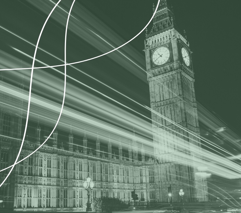 Long-exposure night photograph of Big Ben and the Palace of Westminster in London, with light trails from passing vehicles and curved white graphic lines overlaying the image.