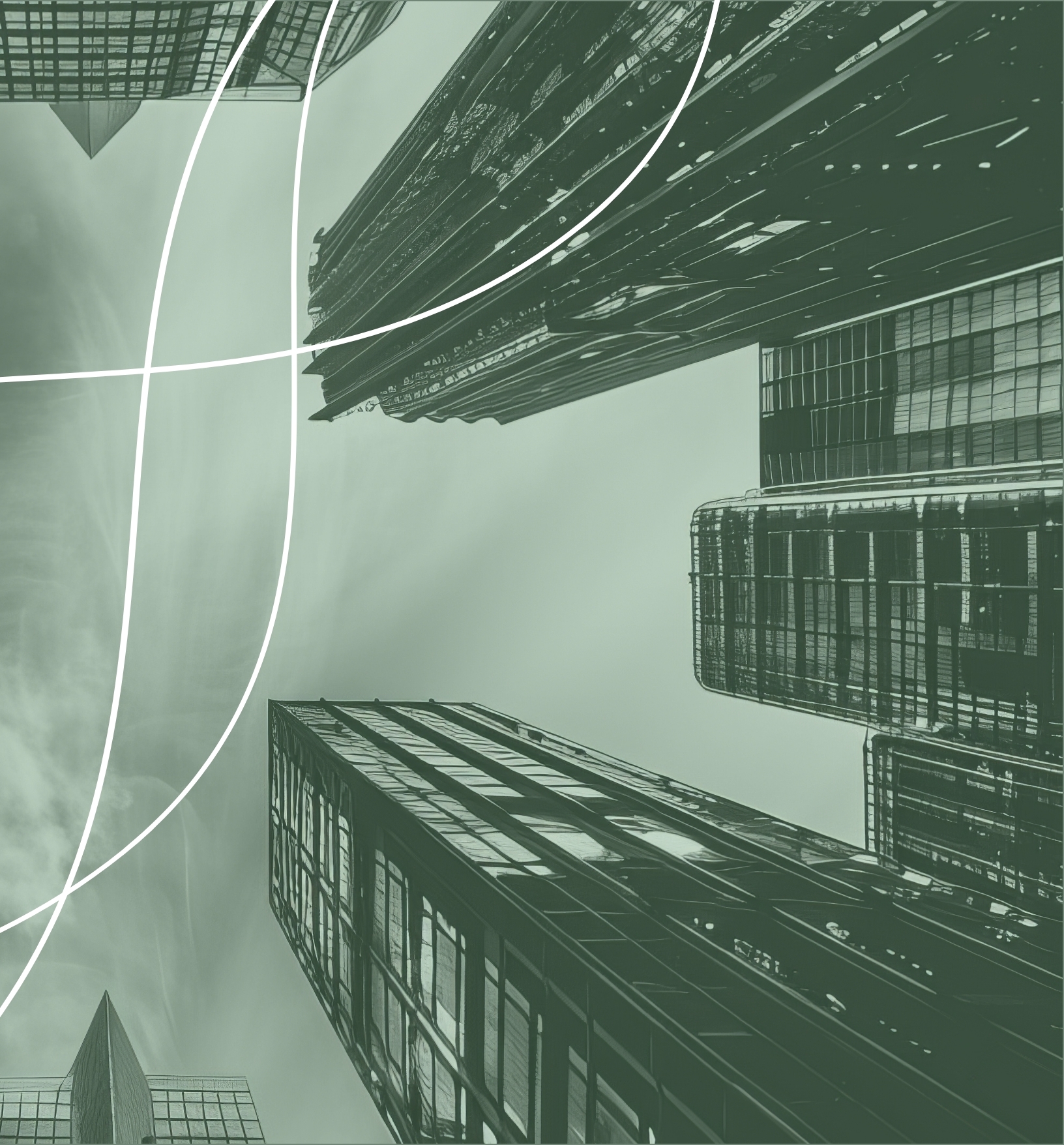Upward view of modern glass skyscrapers with abstract curved white lines overlayed on a green-tinted background